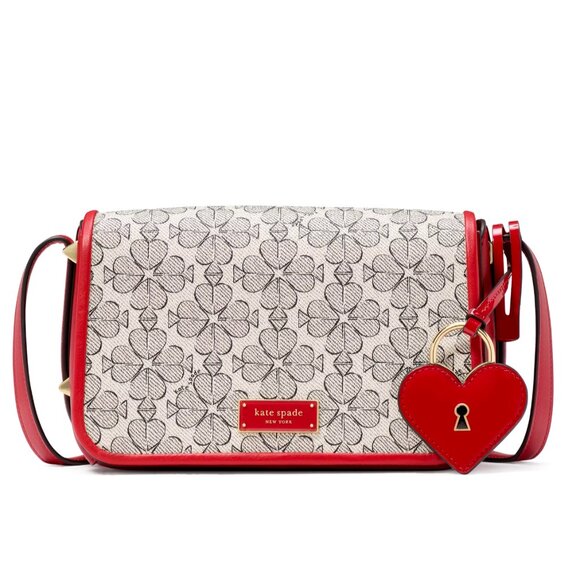 New Kate Spade Liv Spade Flower Coated Canvas Small Flap Crossbody Cherry Rose - Picture 1 of 7